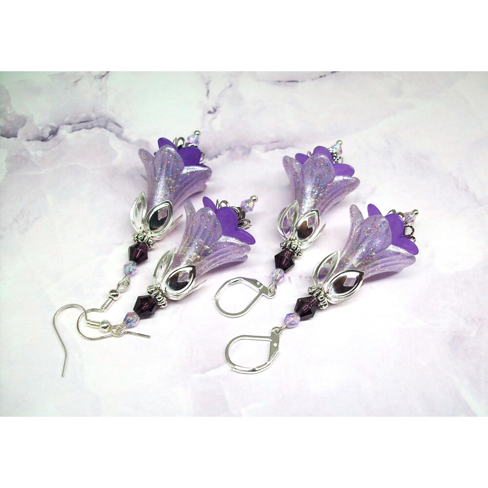 Lilac Purple Floral Dangle Earrings, Artisan Crafted, Hand Painted, Flower Jewel